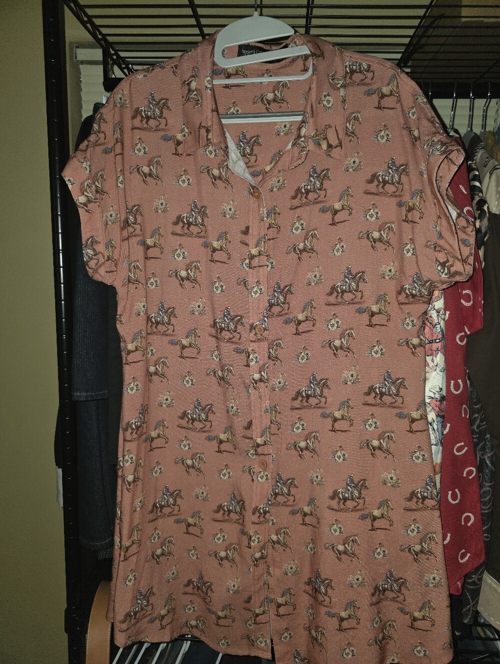 Rust Horse Print Button Front Shirt